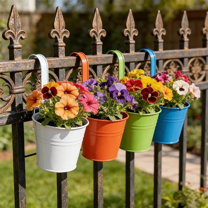 12 Pack Balcony Planters Railing Hanging, Colorful Railing Planter 5.2 Inches Plant Pots with Drainage Holes Hanging Plant Holder Indoor Hanging Planters