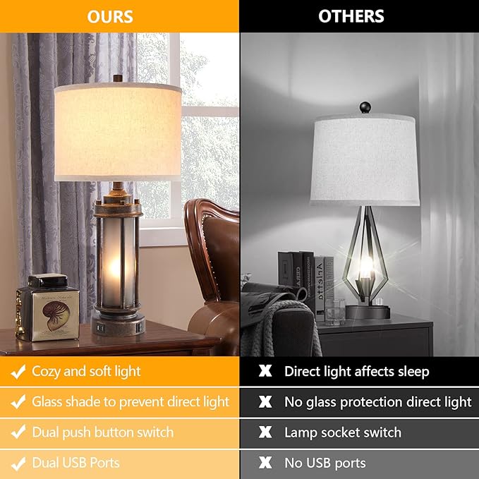 AIEAMPDO 25" Farmhouse Lamps for Living Room with 2 USB C+A Ports | Rustic Vintage Design, Frosted Glass Nightlight, Bulbs Included, Retro Desk Lamp
