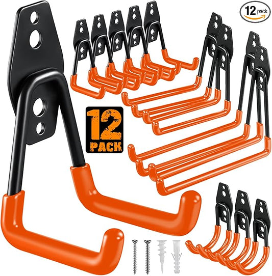 HUPBIPY 12 Pack Garage Hooks Heavy Duty, Wall Mount Hooks | Anti-Slip Coating, Wall Mount Storage Organizer for Hanging Bicycles Garden Tools Ladders Hoses Ropes and Loose Items(Orange)