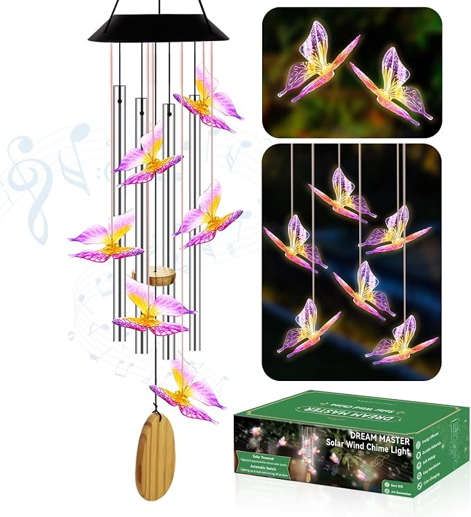 Wind Chimes for Outside, Solar Lights Outdoor Waterproof, Color Changing Butterfly Light for Yard, Outdoor, Patio, Garden Decor, Wind Mobiles Gardening Gifts for Women, Mom, Wife, Purple Butterfly