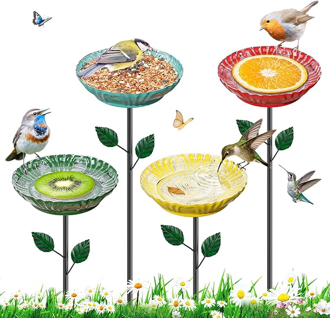 4PCS Flower Bird Baths for Outdoors —5.7" Metal Hummingbird Bath with Adjustable Stake, Colorful Garden Birdbath Decor Set for Outside Yard Lawn Patio(4PCS Herbacin)