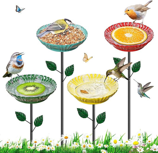 4PCS Flower Bird Baths for Outdoors —5.7" Metal Hummingbird Bath with Adjustable Stake, Colorful Garden Birdbath Decor Set for Outside Yard Lawn Patio(4PCS Herbacin)