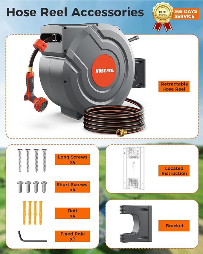 Retractable Garden Hose Reel,Wall Mounted 115 ft 5/8 Inch Automatic Rewind, Any-Length Lock, 9-Pattern Sprayer, 180° Swivel, Durable Water Hose Reel for Yard and Home