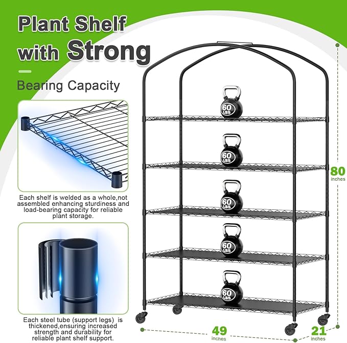 5-Tier Greenhouse with Caster Wheel, Each Shelf Height Adjustable Metal Plant Shelf with PVC Cover for Seed Starting Trays, Seedling Pots, Plant Pots, 21x49x80inch