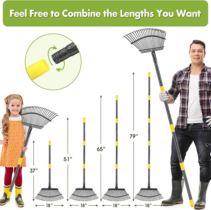 Rake for Leaves, Heavy Duty Leaf Rakes for Lawns & Yard - 79” Adjustable Long Handle 18” Width 25 Metal Tines - Gardening Rake for Adults Kids for Shrub,Grass,Mulch