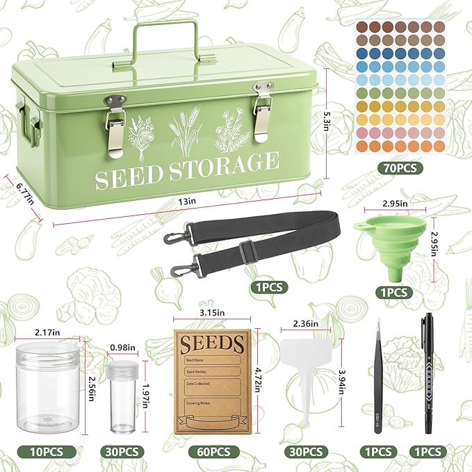 Seed Storage Organizer,Seed Storage Box with Strap,10 Large Seed & 30 Small Bottles,70 Label,60 Seeds Envelopes,4 Compartments Seed Organizer with Dual Safety Locks,Ideal for Garden Flower Plants