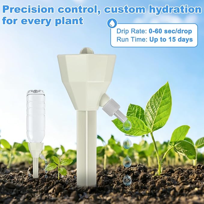M METERXITY 4-Pack Self Watering Spikes for Plants, 5.3 Inch Plastic Plant Watering Devices with 4 Stoppers for Indoor/Outdoor Pots, Garden Water Planter System [Beige]