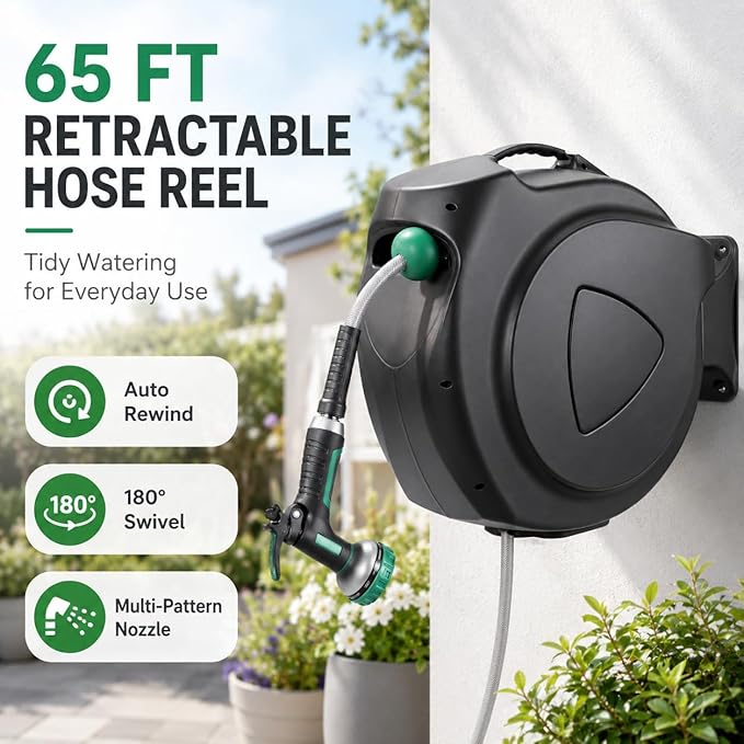 Retractable Garden Hose Reel, 65FT Wall Mounted Auto Rewind Water Hose Reel with 180° Swivel Bracket, Any Length Lock, Kink-Free Hose Guide, Multi-Pattern Spray Nozzle for Yard, Lawn & Outdoor