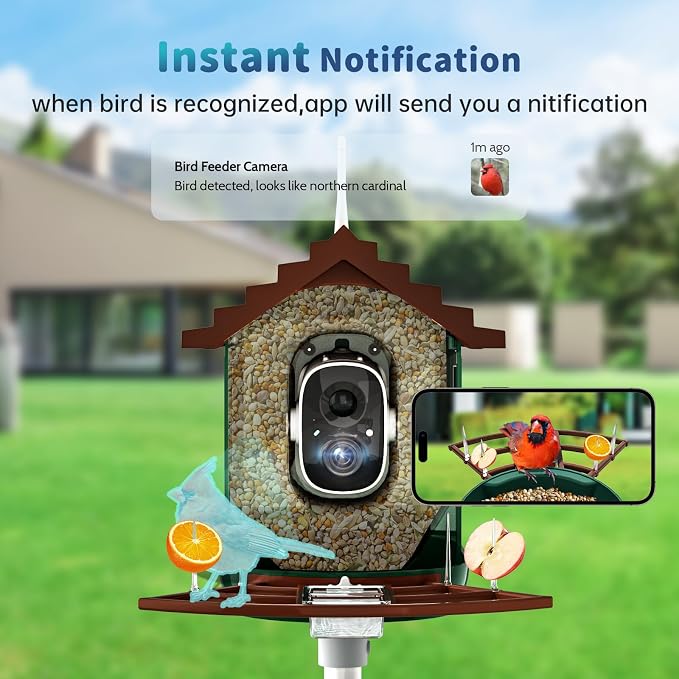 Smart Bird Feeder with Camera Solar Powered & AI Bi rd Identification, 2.4Ghz WiFi Bird feeders for Outdoors, 2K Live Video, Instant Arrival Alerts - Dark red-Green