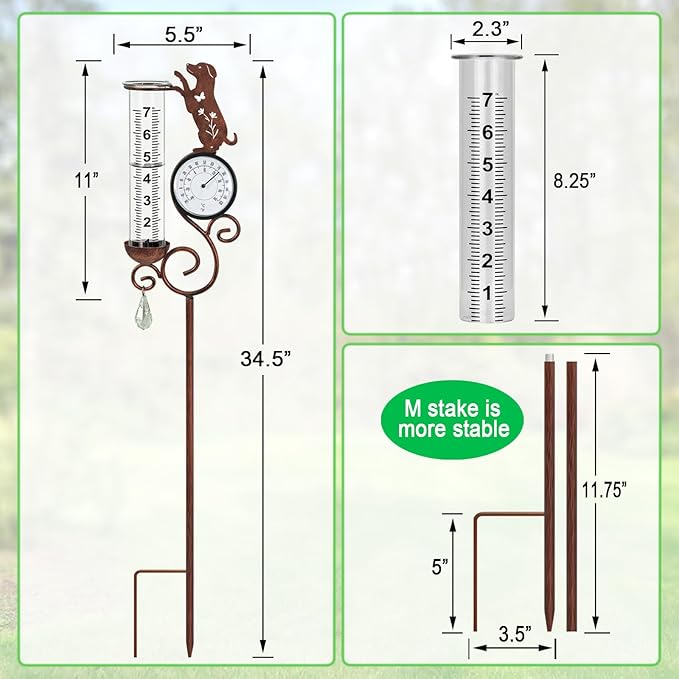 Dog Rain Gauge Outdoor,Large Number Scale Rain Gauge with Temperature & Hygrometer Metal Beagle Garden Stakes for Outside,Lawn,Yard,Patio,Farm