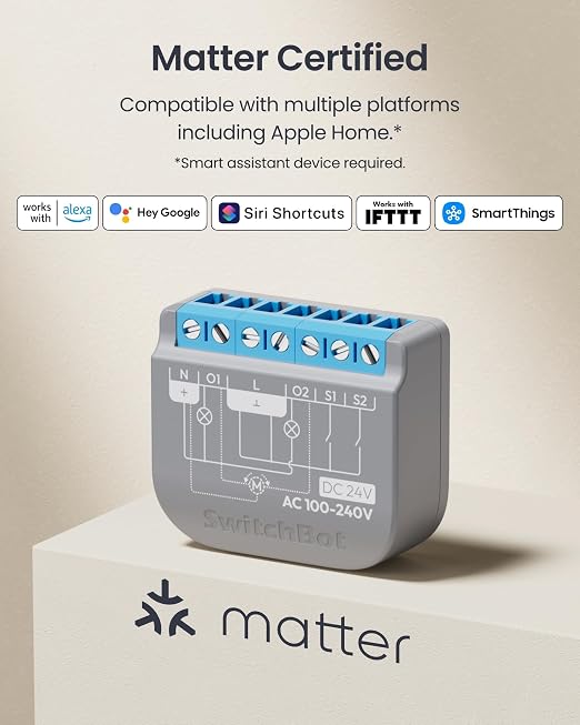 SwitchBot Smart Relay Switch 2PM, Power Metering, Dual Light Control, Built-in Bluetooth Repeater, Wi-Fi&Bluetooth Switch Compatible w/Alexa/Apple Home/Google Home/Matter Hub Required, 2.4GHz
