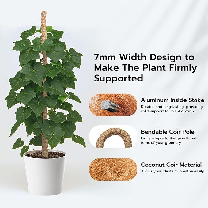 Mcbazel Bendable Moss Pole for Plants 47 Inch, Monstera Plant Support Stake with 7mm Aluminum Core, Coconut Coir Climbing Pole for Monstera Pothos Philodendron, Complete Kit with Ties & Rope