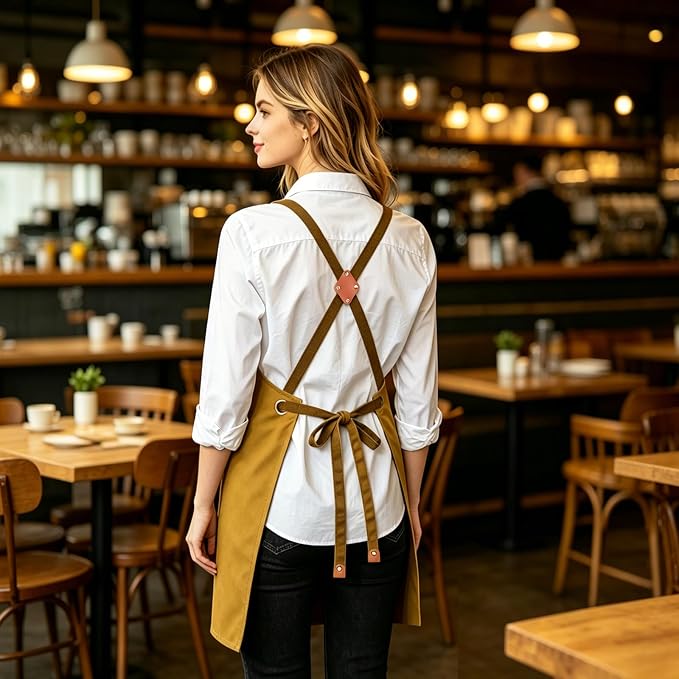 AFUN Chef Aprons for Women Men with Oversized Pockets, 12-Ounce Cotton Canvas Cross Back Water Repellent Apron (Brown)
