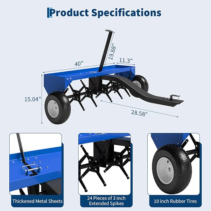 40 Inch Tow Behind Lawn Plug Aerator,100LBS Capacity Yard Aerator with Universal Hitch &10" Tires, Heavy Duty Aerator Lawn Tool Tow Behind, Steel Core Aerator for Garden Farm Yard Lawn Care