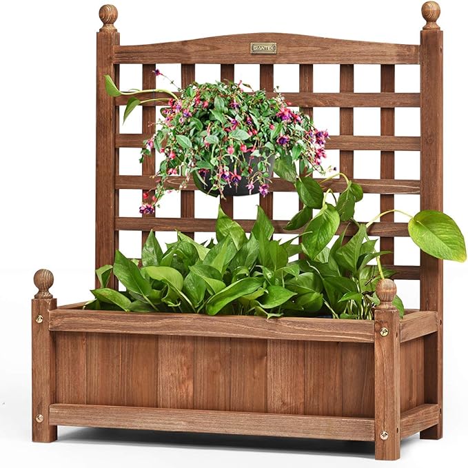 Giantex Wood Planter Free Standing Plant Raised Bed with Trellis for Garden or Yard (25’"Lx11 Wx30 H)