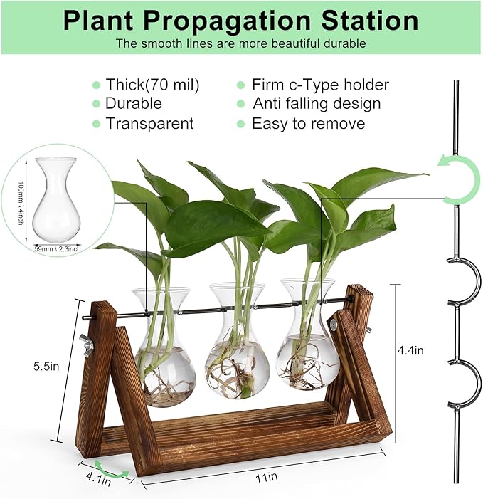 YIBOT Propagation Stations,Plant Terrarium with Wooden Stand-3 Glass Vases | Unique Gardening Birthday Gifts for Women Mom Plant Lovers, Indoor Hydroponics Plants Home Office Garden Desk Decor
