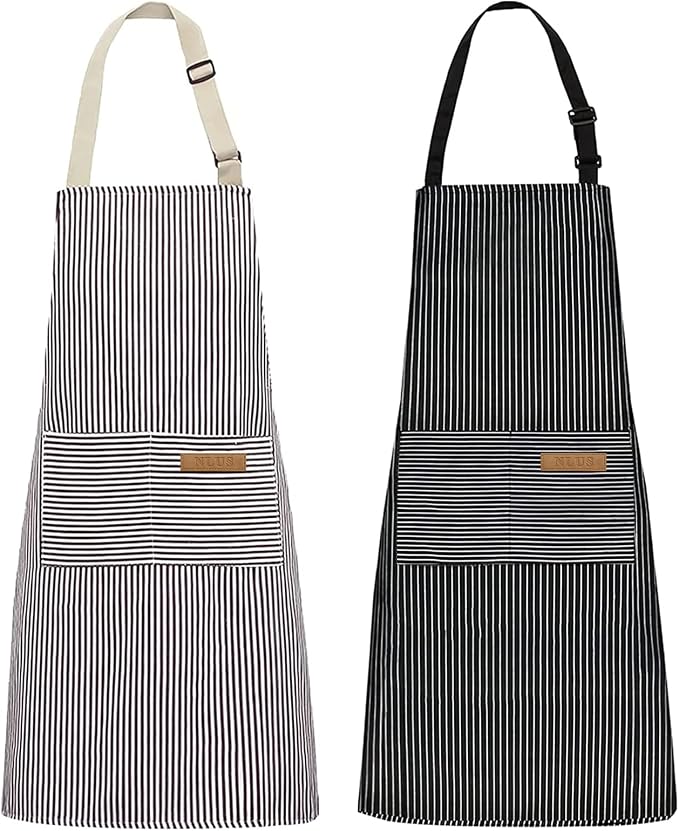 NLUS 2 Pack Kitchen Cooking Aprons, Adjustable Bib Soft Chef Apron with 2 Pockets for Men Women (Brown/Dark Black Strips)
