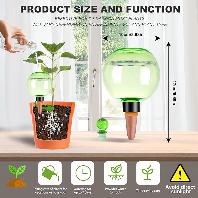 6 Pack Self Watering Globes 17oz Large Plant Watering Globes Top Fill, Self Water Planter Insert Indoor/Outdoor Plastic Water Bulbs Slow Release Terracotta for Plants, Green