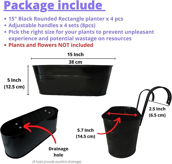 LaLaGreen Outdoor Plants Rail Planter (15 Inch, 4 Pack) Black Metal Iron Hanging Flower Pots Deck Railings Fence Balcony Buckets Modern Boho Style Window Box Plant Holder Hooks Porch Home Garden Decor