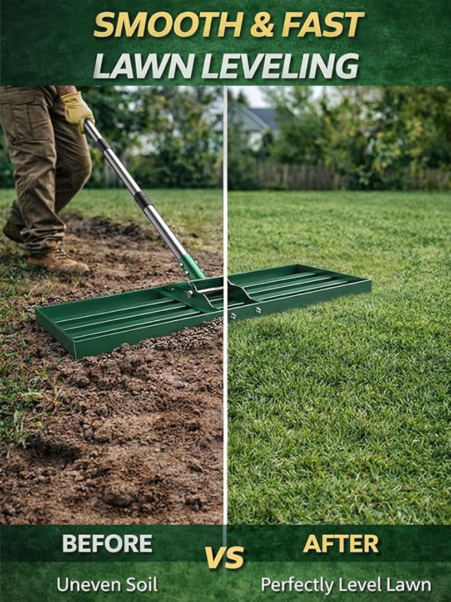 Lawn Leveling Rake, 30x10 inch Adjustable Lawn Leveler for Yard & Garden, Heavy Duty Stainless Steel Handle, Effort Saving Soil & Dirt Leveling Tool for Lawn Top Easy Dressing-Green