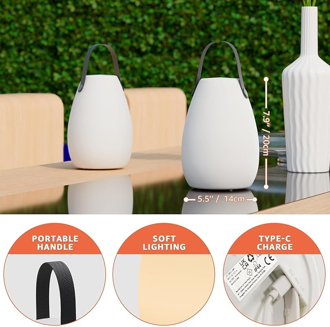 uuffoo 2 Pack Rechargeable Portable Table Lamp, Cordless RGB Lantern, Decorative LED Night Light, IP44 Waterproof Indoor Outdoor Lamp for Bedroom Patio Garden Wedding Party