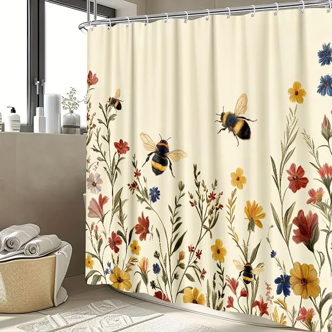 Rustic Boho Floral Bee Shower Curtain, Vintage Chic Bee Botanical Floral Farmhouse Cottagecore Aesthetic Shower Curtain Set with Hook, Nature Garden Plant Shower Curtain for Bathroom 60X72 Beige