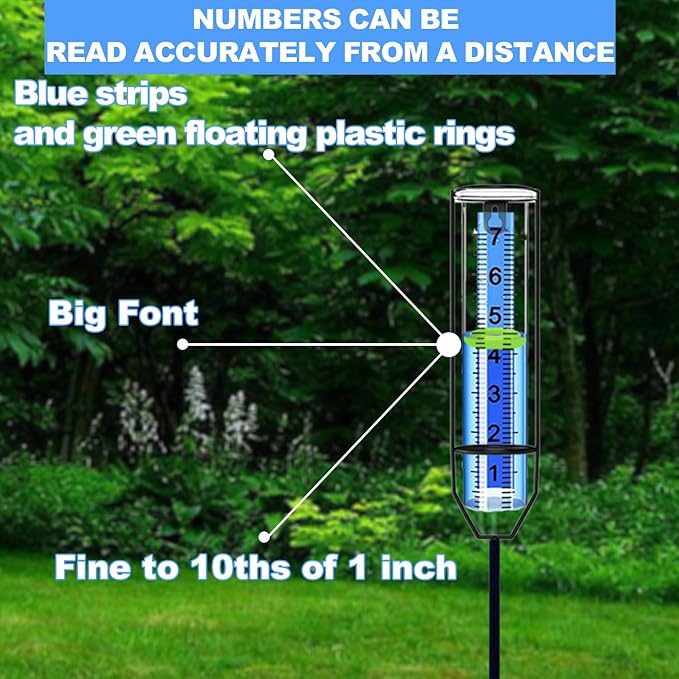 Rain Gauge Outdoor with Large Easy-Read Numbers | Freeze-Resistant Plastic Rain Gauge with Floating Marker, Stake or Hang Installation | 7" Rain Measuring Tool for Garden Yard Fence Farm