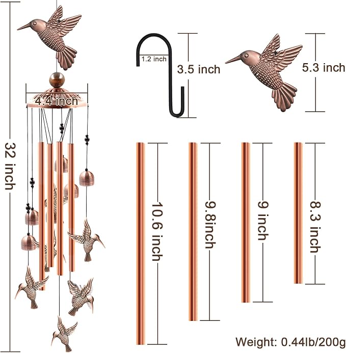 Wind Chimes Outdoor Clearance, Ukulork Aluminum Tube Windchime with S Hook,Patio Garden Decor, Housewarming Gift. (Hummingbird)