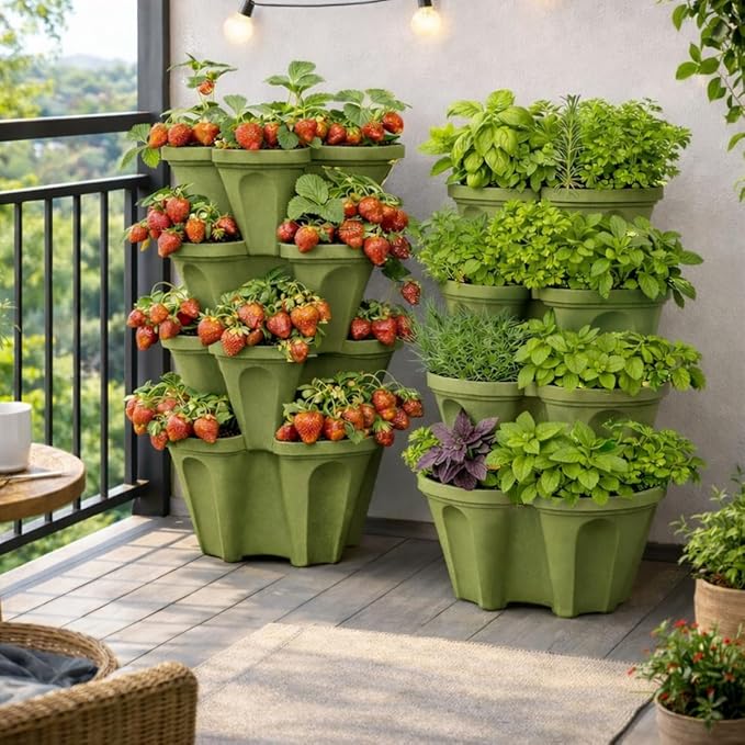 Vertical Garden Planter Stackable System 4 Plants per Pot, Space Saving Herb, Strawberry & Food Crop Planter with Center Support Hole for Indoor Outdoor Gardening (36, Sagebrush Green, Small)