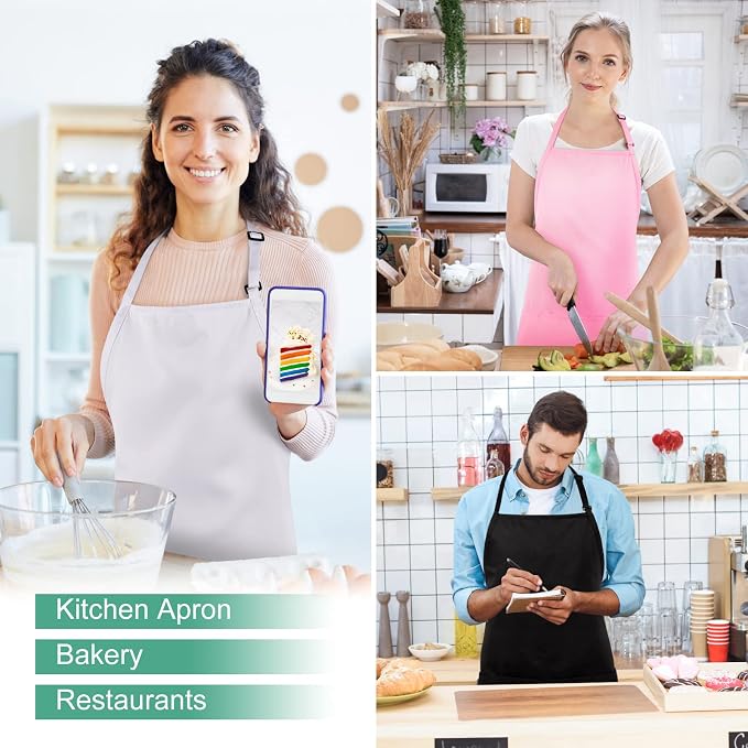 Jubatus 2 Pack 3 Pockets Adjustable Bib Apron Chef Kitchen Cooking Aprons for Women Men, White