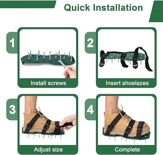 Lawn Aerator Shoes with Adjustable Straps for Grass, Heavy Duty Spiked Aerating Sandals for Yard Patio Lawn Garden, Aerator Lawn Tool or Screed Shoes, One Size Fits All, Black Green Epoxy Shoes