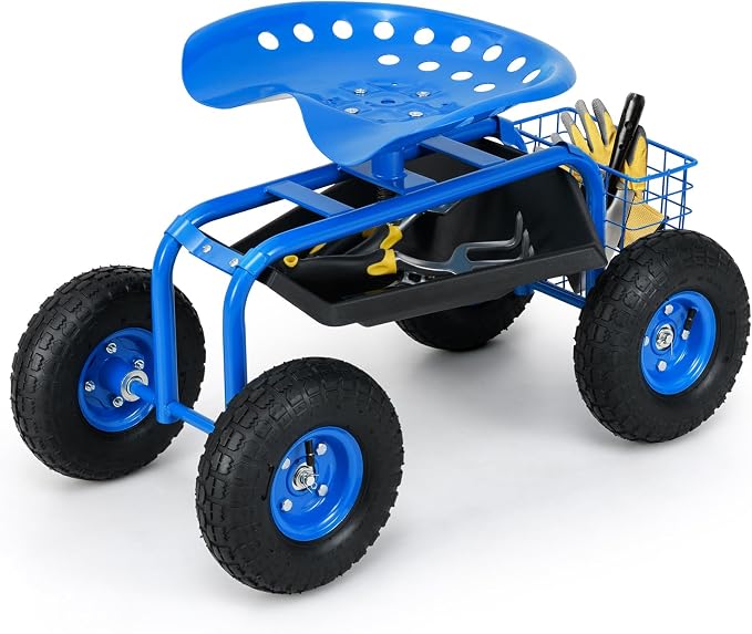 Giantex Rolling Garden Work Seat, 360 Swivel Gardening Workseat with Wheels, Tool Basket, Adjustable Height, Outdoor Scooter for Sitting, Gardening Stool Chair for Planting Trimming, Blue
