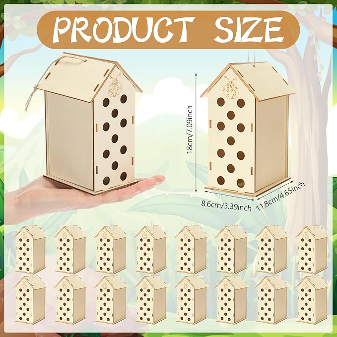 DoubleFill 24 Pack Wood Ladybirds House Painting Crafts Kits My First Ladybugs House DIY Art Craft Kit with Hemp Rope DIY Cedar Wooden Birdhouse for Building Bee Butterfly Habitat, No Paint