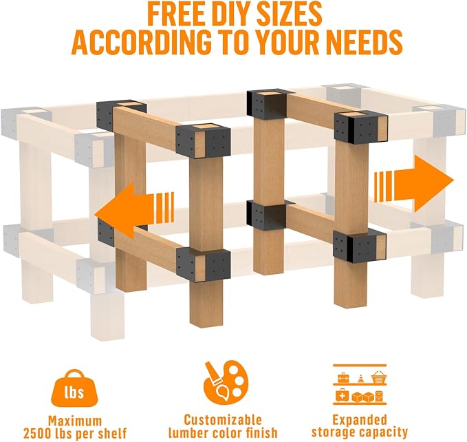 Heavy Duty Workbench Bracket Kit – Set of 8 Steel 3-Way Brackets for 4x4 and 2x4 Lumber, Ideal for DIY Garage Work Bench Legs, Woodworking Tables, Workshop Shelves, Planer Stands, and Kitchen Islands