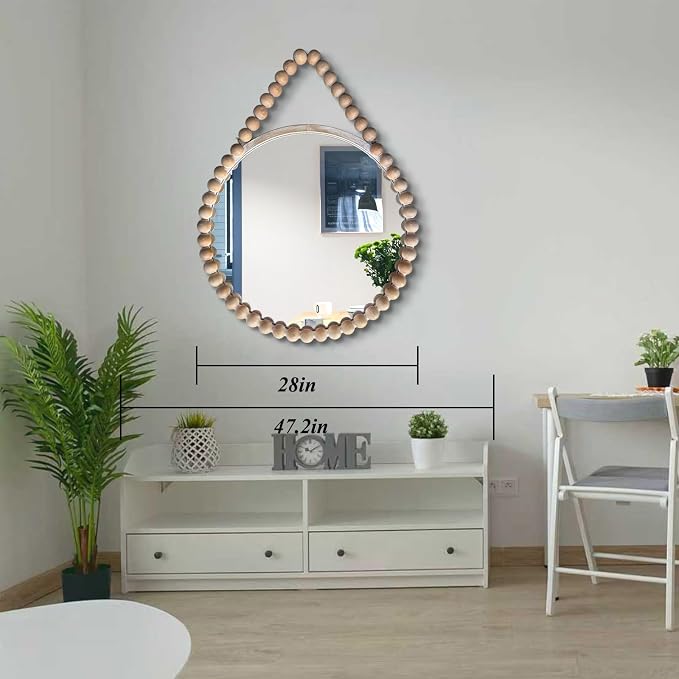 POZINO Wood Round Mirror, 28" Rustic Farmhouse Wall Hanging Mirror with Wooden Beaded Frame, Boho Circle Mirror for Bathroom Bedroom Living Room Hallway Entryway Fireplace