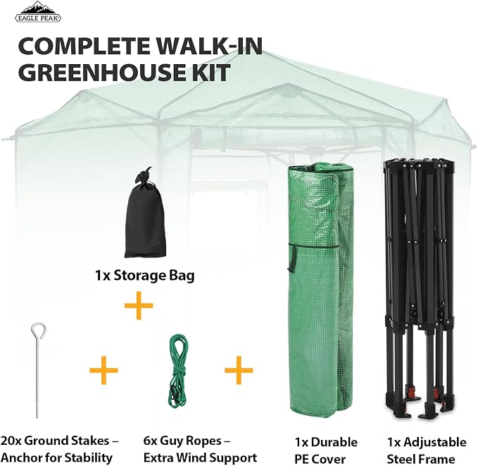 EAGLE PEAK 6.6x6.6 Portable Walk in Greenhouse, Pop Up Indoor Outdoor Greenhouse, Green House Kit with Zippered Roll-Up Doors and Windows, Hexagon Design, PE Cover, Clear/Green