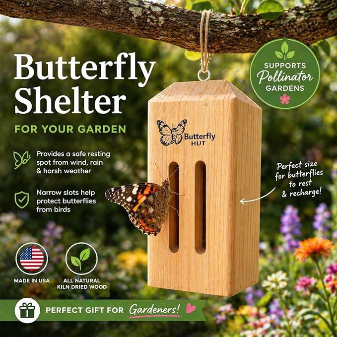 Butterfly House Outdoor Wooden Butterfly Shelter – 1 or 2 Pack Butterfly Houses for Garden, Yard, Fence, Tree or Post – Insect House Habitat for Butterflies – Decorative Garden Box – Made in USA