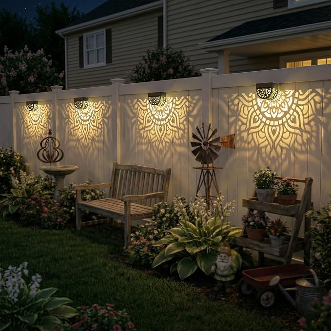 4 Pack Solar Fence Lights Outdoor Wall Lights Plastic Solar Powered Deck Step Stair Lights Mandala Theme Waterproof Fence Solar Light for Garden Post Patio Yard Decor, Gardening Gifts for Women Mom