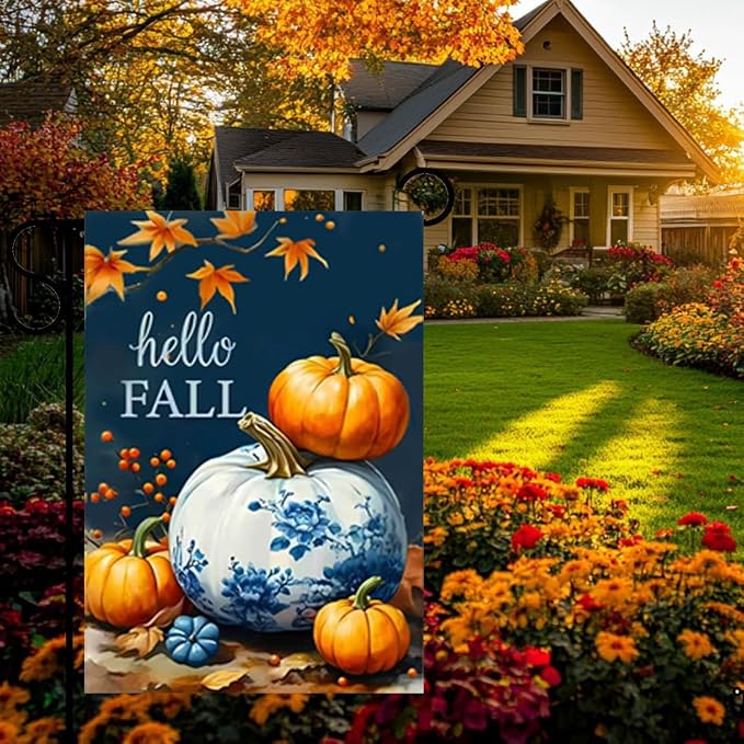 Hello Fall Garden Flag 12x18 Double Sided, Burlap Seasonal Thanksgiving Autumn Blue Pumpkin Garden Flags Fall Decorations for Home Outside Porch Garden Decor, Small Decorative Outdoor Yard Lawn Flags