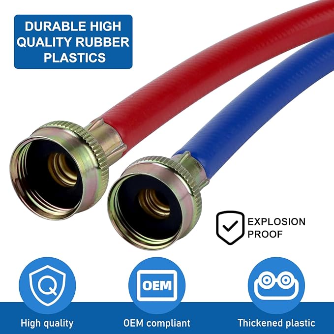 Washer Hoses 4FT,Rubber Washing Machine Hoses 3/4 Washer Machine Hoses 2 packs,Burst Proof Water Supply Lines for Hot and Cold Washer Water Hoses-by MIFLUS,10 YEARS WARRANTY