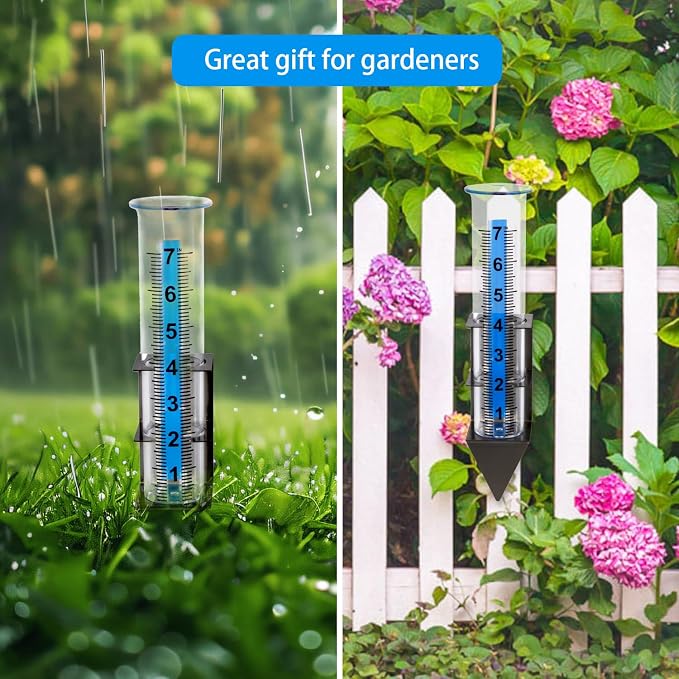 Rain Gauge Outdoor, 7" Capacity Rain Gauge Outdoors Best Rated with Stainless Steel Mounting Rack Holder, Freeze Proof Plastic Large Rain Gauge for Yard Garden Fence Lawn Patio Farm
