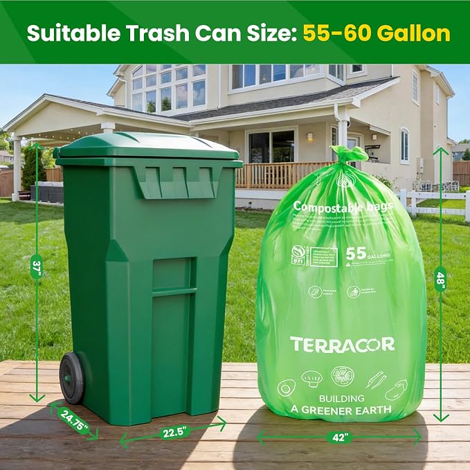 55-60 Gallon Compostable Trash Bags Liners, Heavy Duty Extra Thick 1.57 Mil, 208.2 Liter, 12 Bags, Lawn, Yard, and Restaurant Use, ASTM D6400, US BPI Certified
