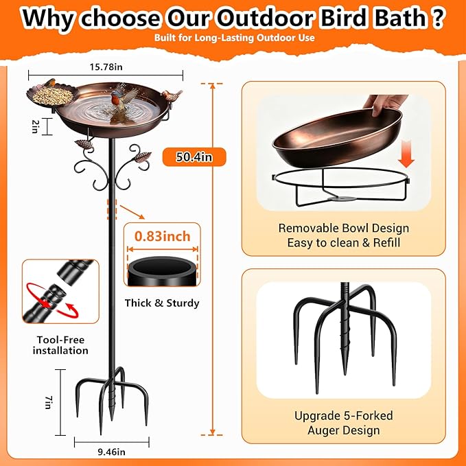 50" Tall Metal Bird Bath for Outside with Small Feeder Bowl, 2-in-1 Removable Birdbath Bowl, Heavy-Duty Easy Clean Garden Yard Lawn Patio Decor, Rust-Proof