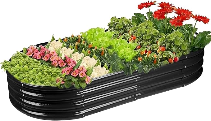 Rakukiri Raised Garden Bed GRS Certified Galvanized Planter Box Outdoor, 6.5ft Oval Rot-Resistant Metal Garden Bed Planter, Recycled Material Planter for Vegetables Flowers Herbs (Black)