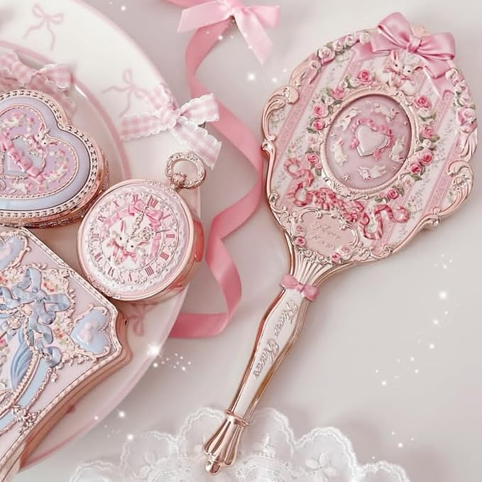 Flower Knows Bunny Garden Collection Hand Mirror,Vintage Portable Handheld Mirror,Fancy & Pretty Princess Mirror with Long Handle,Gift for Girls(Rosette Pink)