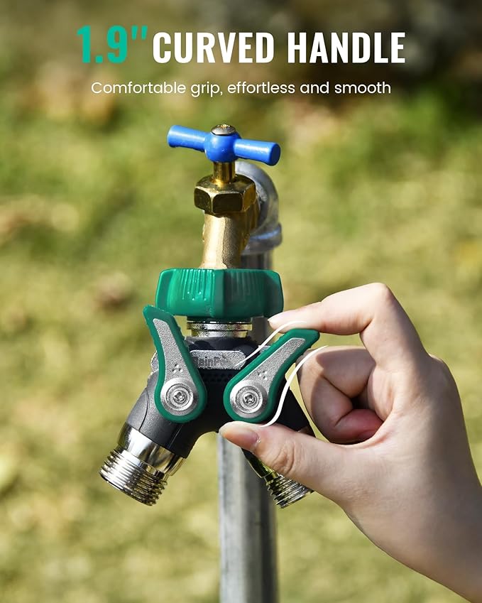 RAINPOINT Garden Hose Splitter 2 Way Heavy Duty, 3/4'' Connector Water Hose Bib Y Spigot Splitter with Shut-Off Valve, 100% Metal Body Full Flow Outdoor Water Faucet Adapter Fittings (1 Pack)