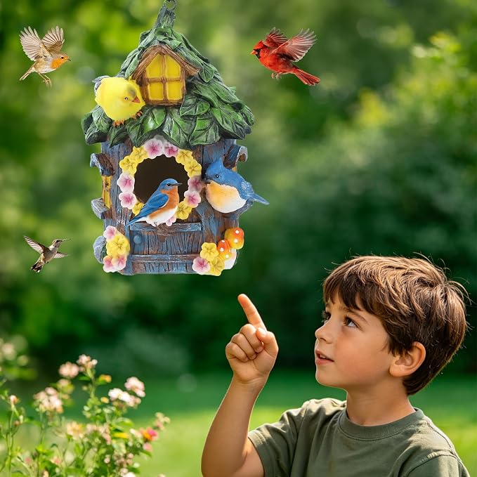 Bird Houses for Outside Real Wood-Look Birdhouse with Blue Bird – Hand-Painted Resin Birdhouses for Outdoors for Bluebird Finches Cardinals Bird Nesting Garden, Patio, Yard