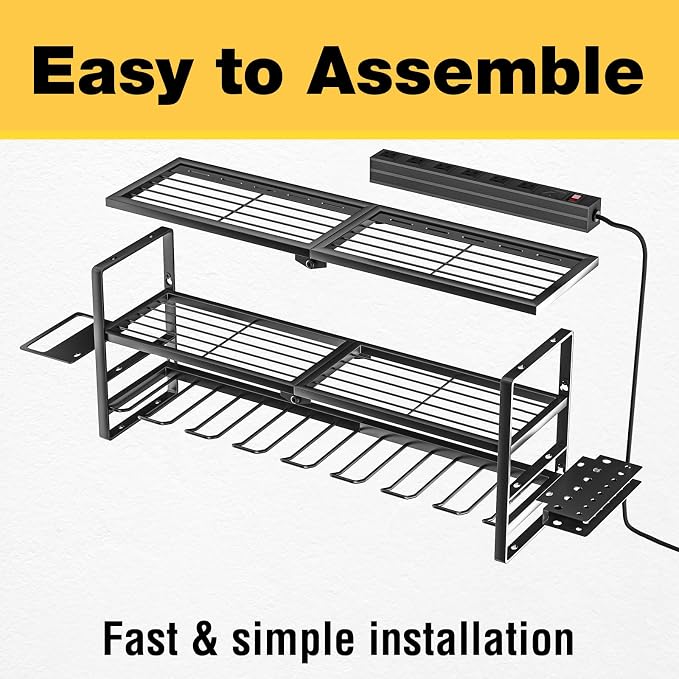 YYR Heavy Duty Power Tool Organizer with Charging Station, Cordless Drill Hanger Storage Rack, Battery Tools Holder Wall Mount Shelf for Garage - 32 Inch Equipped with Surge Protection Power Strip