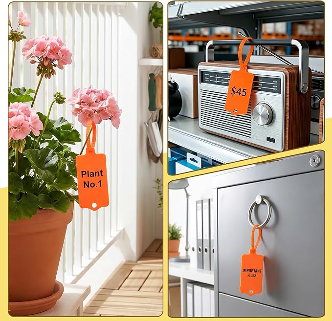 LeonBach 100 PCS Plastic Shipping Tags, 1.46" x 2.48", Waterproof Labels Writable Hanging Tag with Sealing Strap, Shipping Cable Tie Label Tags for Keys Luggage Logistic Retail Inventory(Orange)