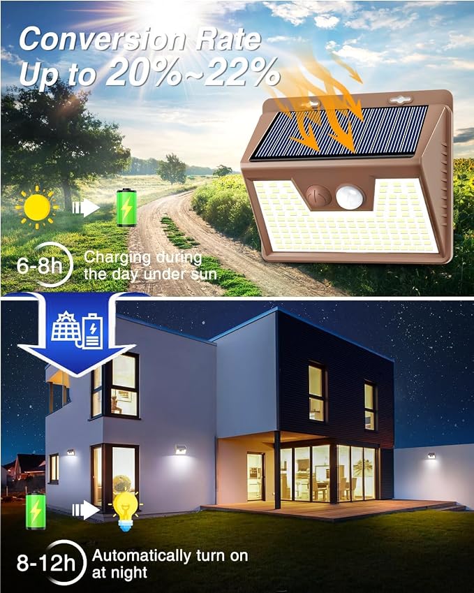 Peasur Solar Lights Outdoor Motion Sensor [3 Pack/140LED/Brown], Ultra-Bright 3 Mode Fence Security Light Waterproof, Solar Wall Lighting for Patio Yard Step House Outside